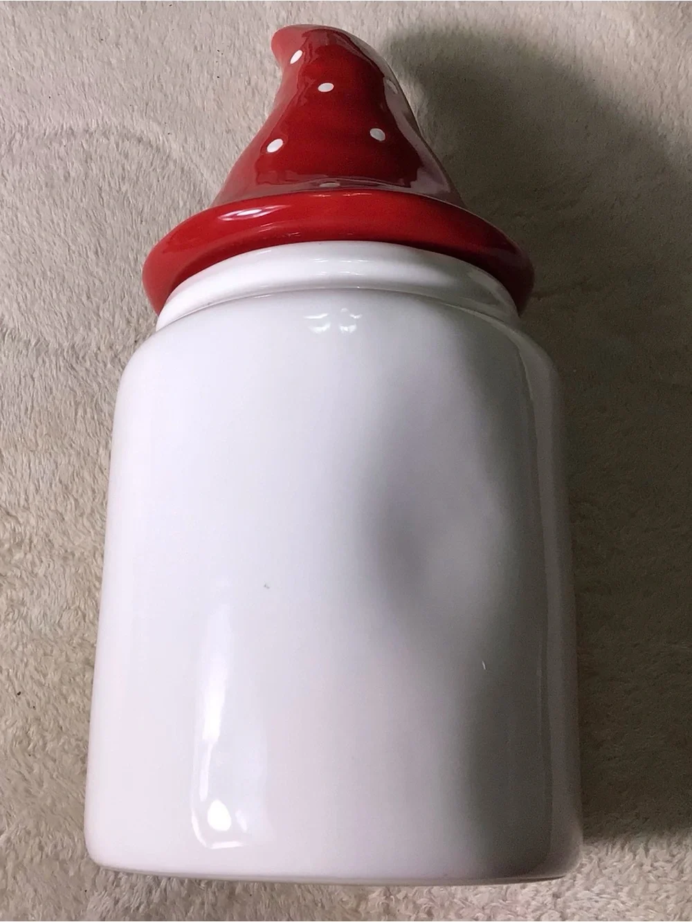 Rae Dunn White Ceramic Canister with Red Gnome Hat Lid